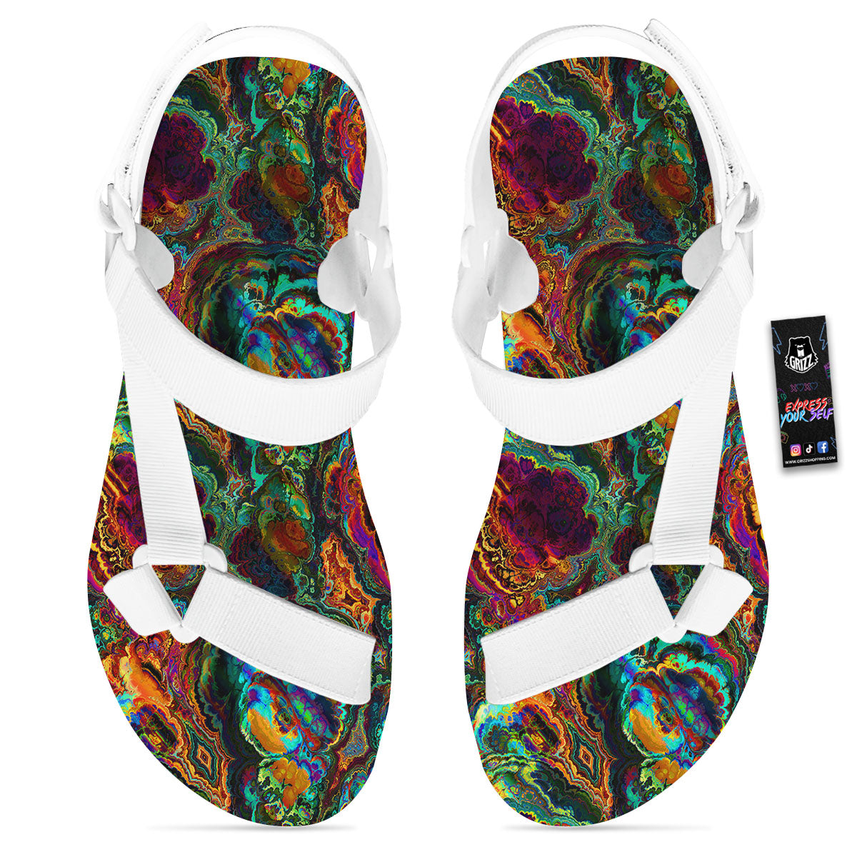 Fractal Psychedelic Print Pattern White Open Toe Sandals-grizzshop