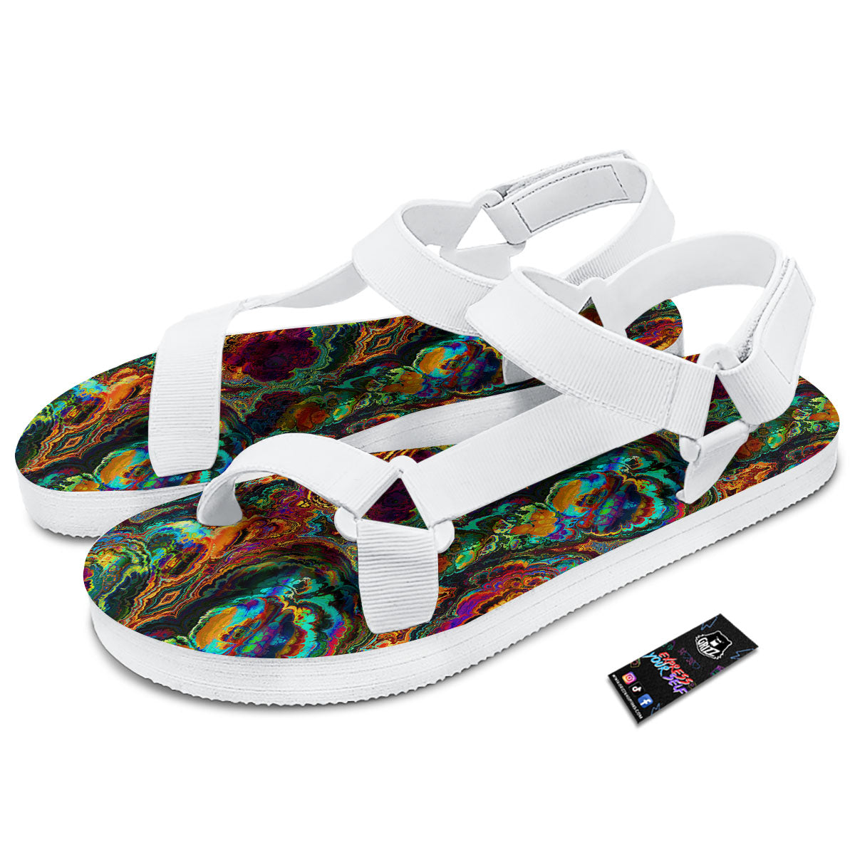 Fractal Psychedelic Print Pattern White Open Toe Sandals-grizzshop