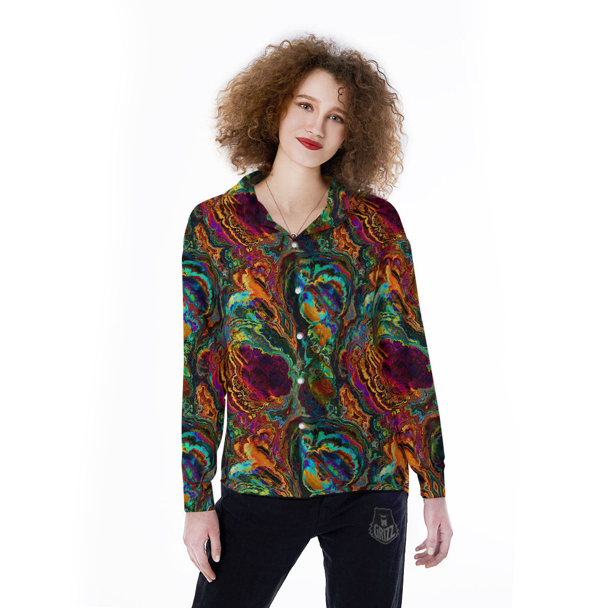 Fractal Psychedelic Print Pattern Women's Long Sleeve Shirts-grizzshop