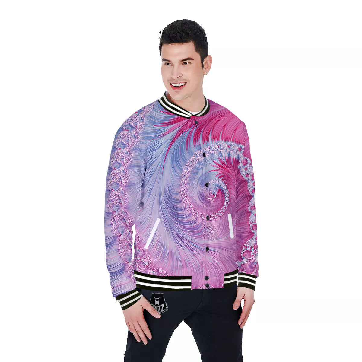 Fractal Spiral Print Baseball Jacket-grizzshop