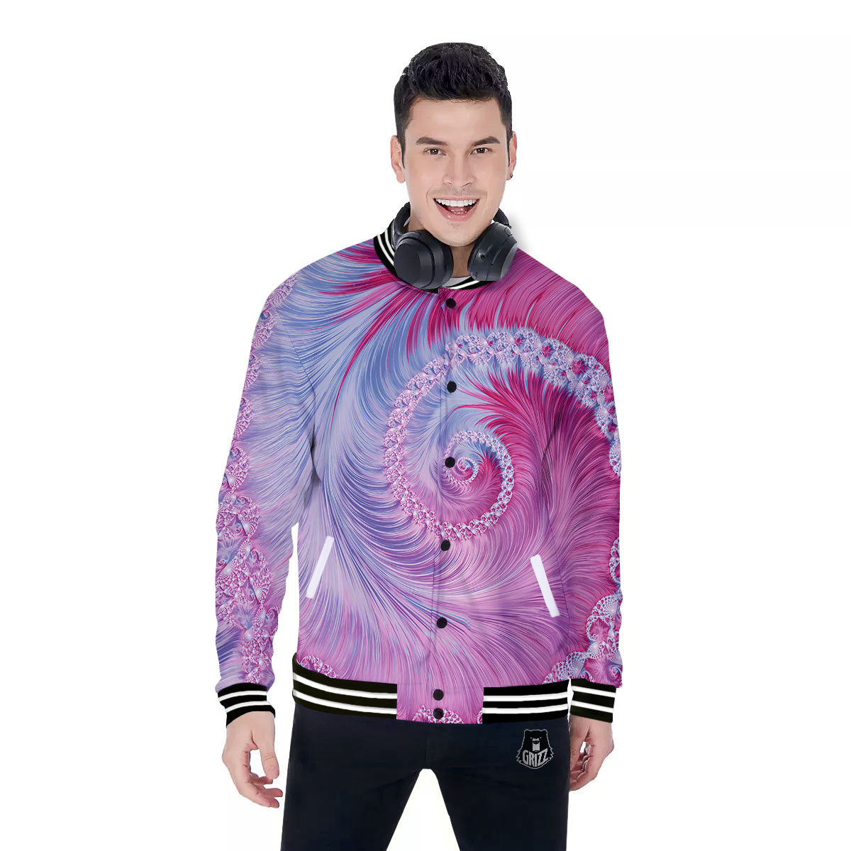 Fractal Spiral Print Baseball Jacket-grizzshop