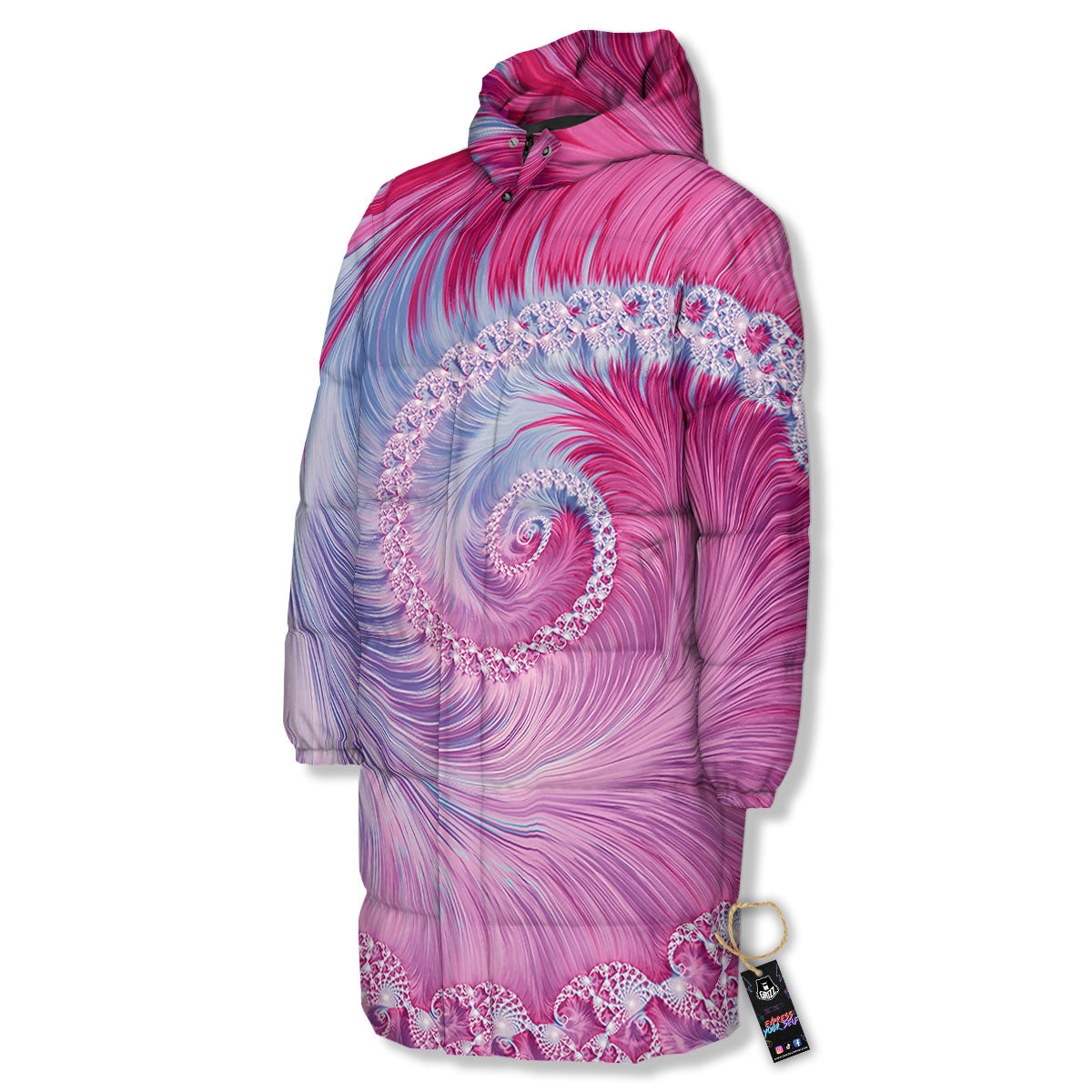 Fractal Spiral Print Long Down Jacket-grizzshop