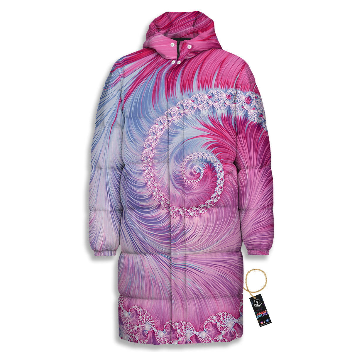 Fractal Spiral Print Long Down Jacket-grizzshop