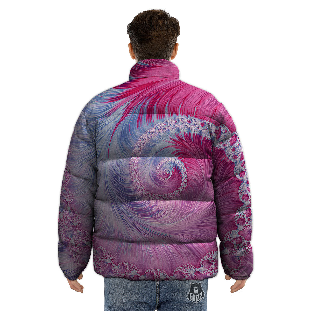 Fractal Spiral Print Puffer Jacket-grizzshop