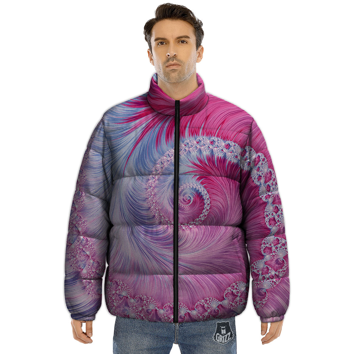 Fractal Spiral Print Puffer Jacket-grizzshop