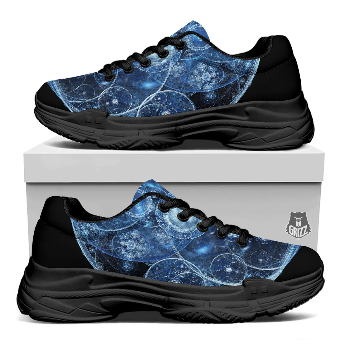 Fractal Steampunk Print Black Chunky Shoes-grizzshop