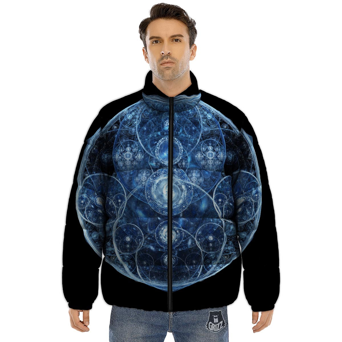 Fractal Steampunk Print Puffer Jacket-grizzshop