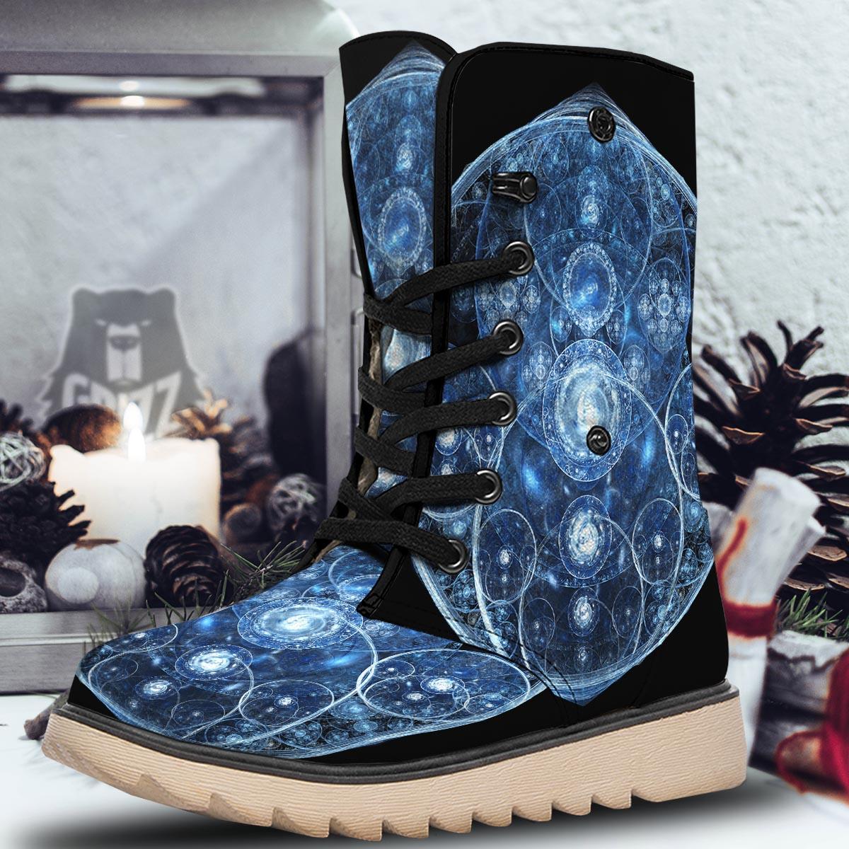 Fractal Steampunk Print Snow Boots-grizzshop