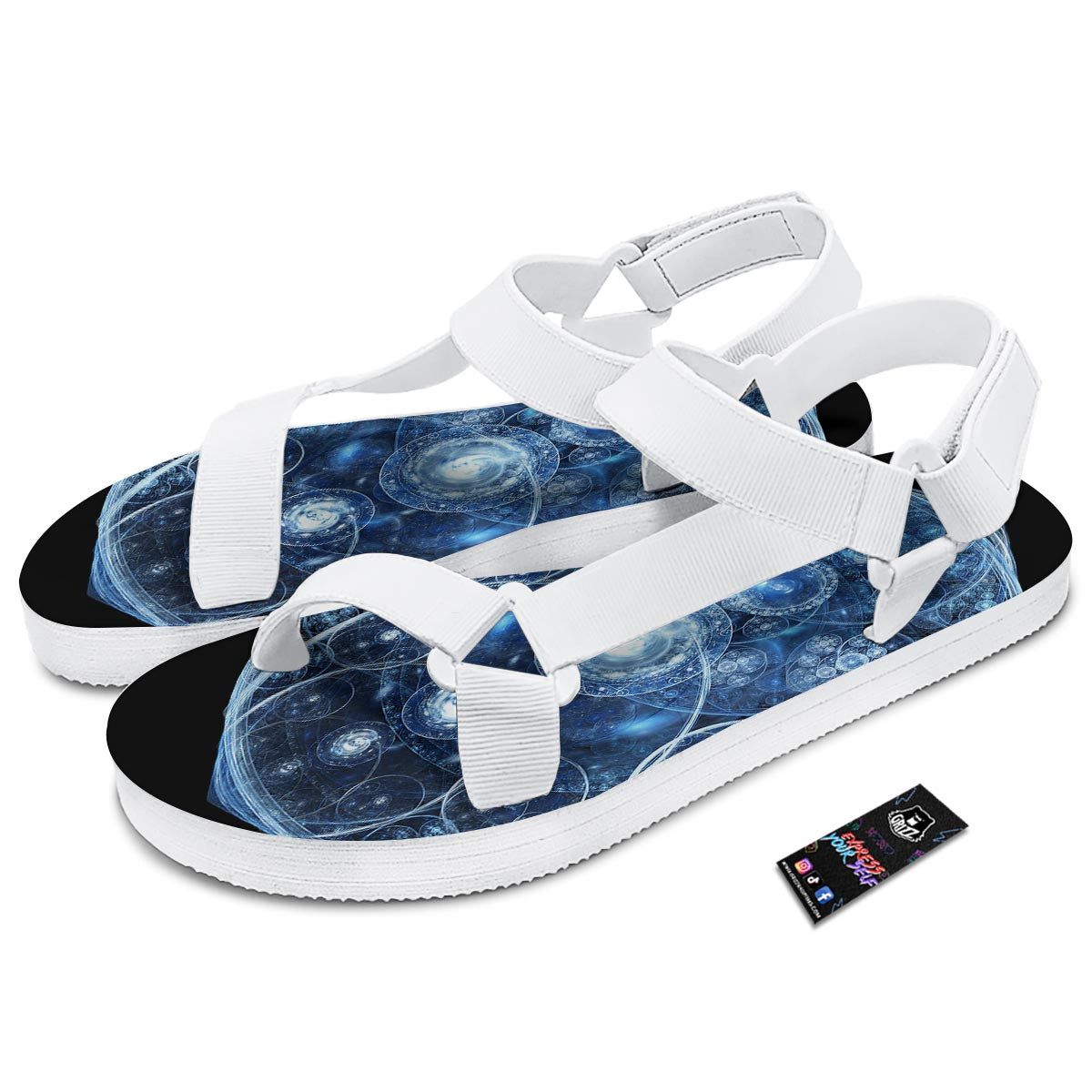 Fractal Steampunk Print White Open Toe Sandals-grizzshop