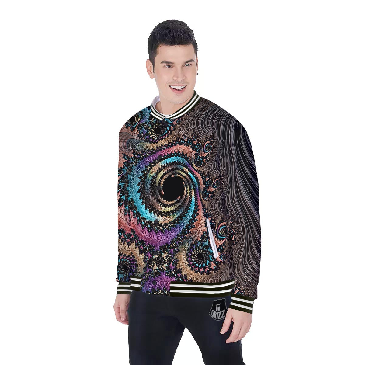Fractal Trippy Print Baseball Jacket-grizzshop