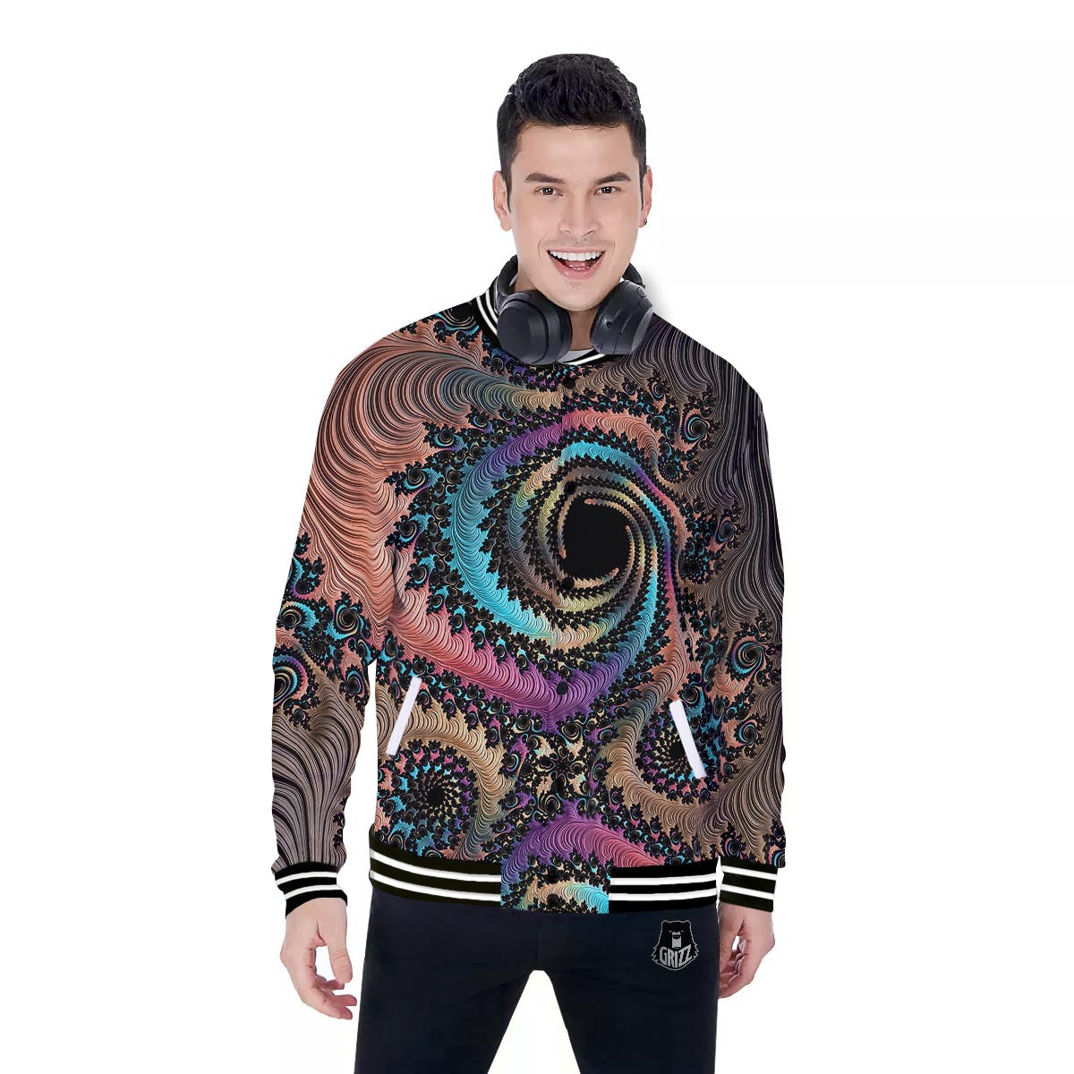 Fractal Trippy Print Baseball Jacket-grizzshop