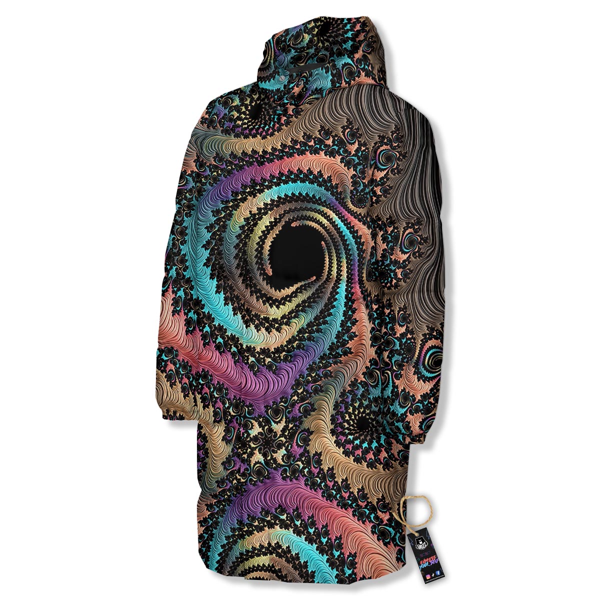 Fractal Trippy Print Long Down Jacket-grizzshop