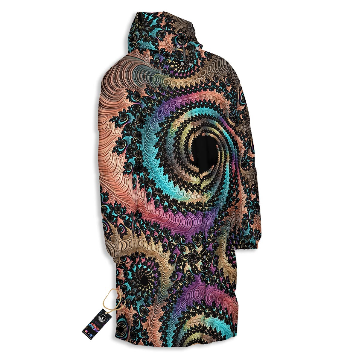 Fractal Trippy Print Long Down Jacket-grizzshop