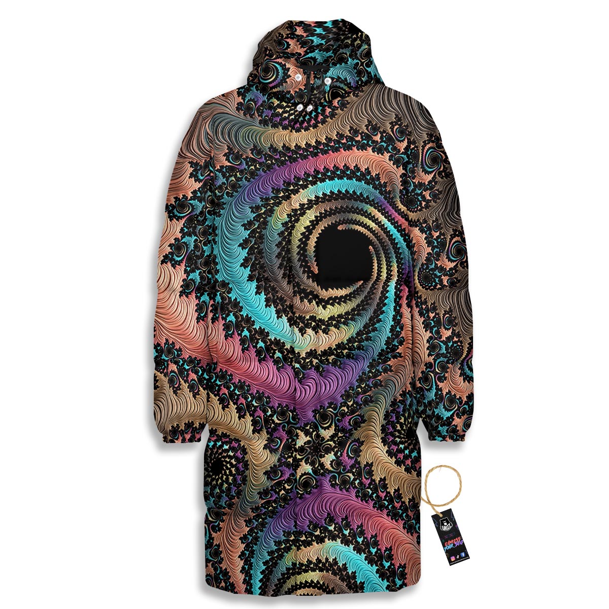 Fractal Trippy Print Long Down Jacket-grizzshop