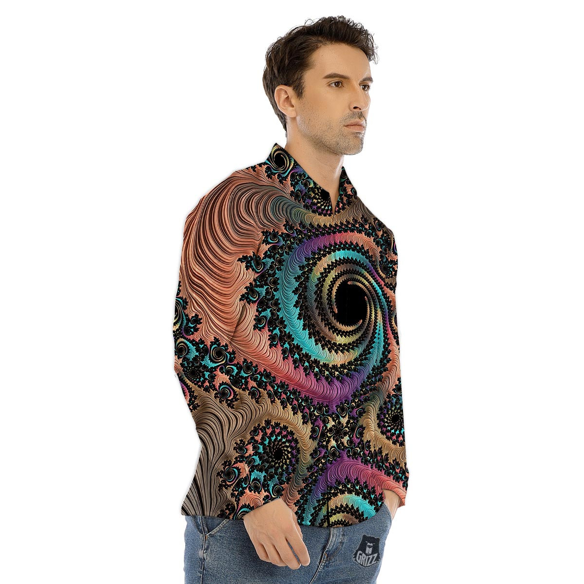 Fractal Trippy Print Men's Dress Shirts-grizzshop