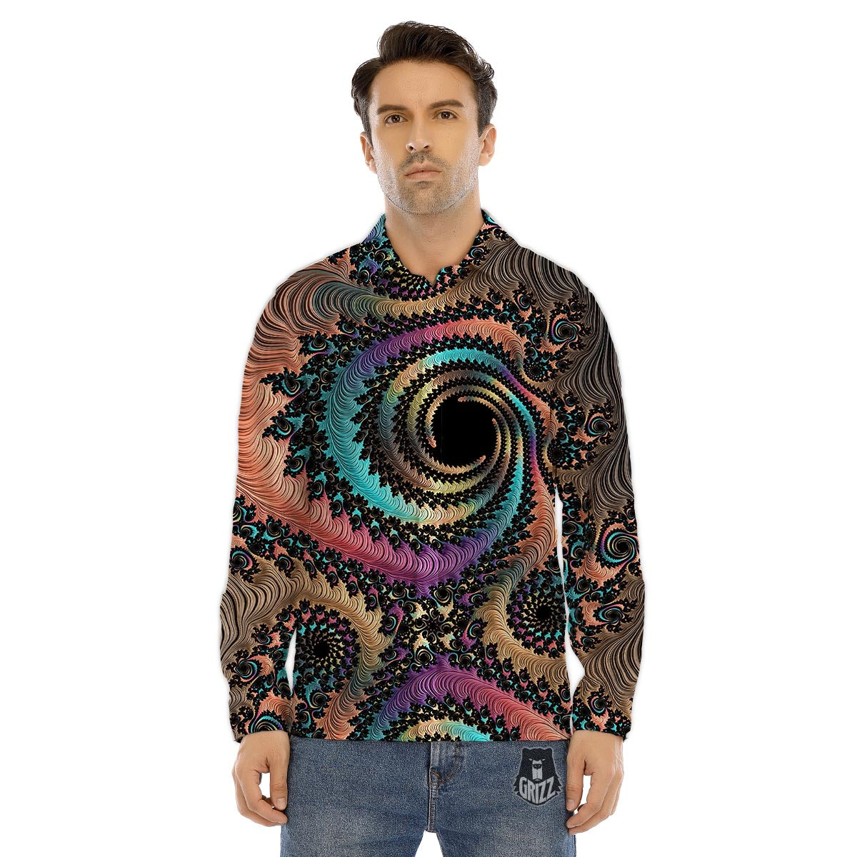 Fractal Trippy Print Men's Dress Shirts-grizzshop