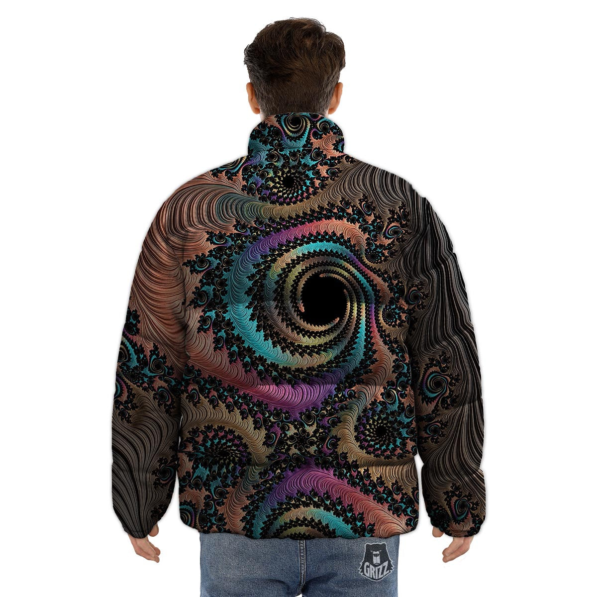 Fractal Trippy Print Puffer Jacket-grizzshop