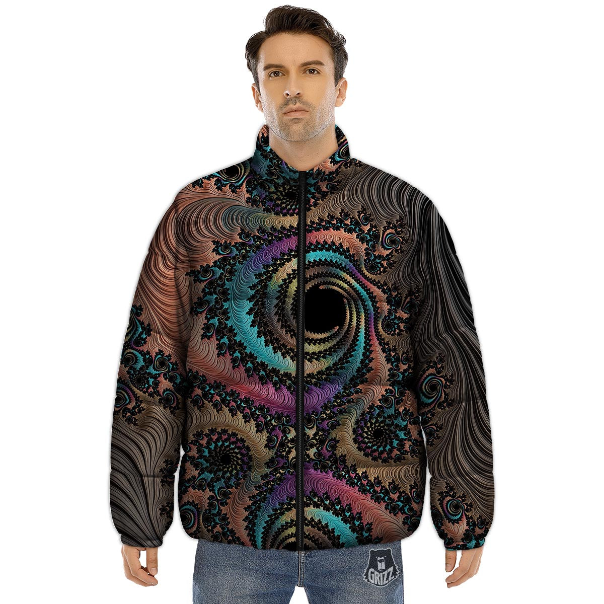 Fractal Trippy Print Puffer Jacket-grizzshop