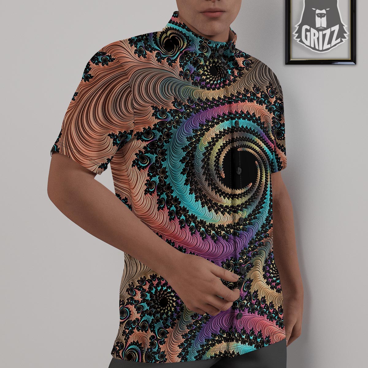 Fractal Trippy Print Untucked Shirts-grizzshop