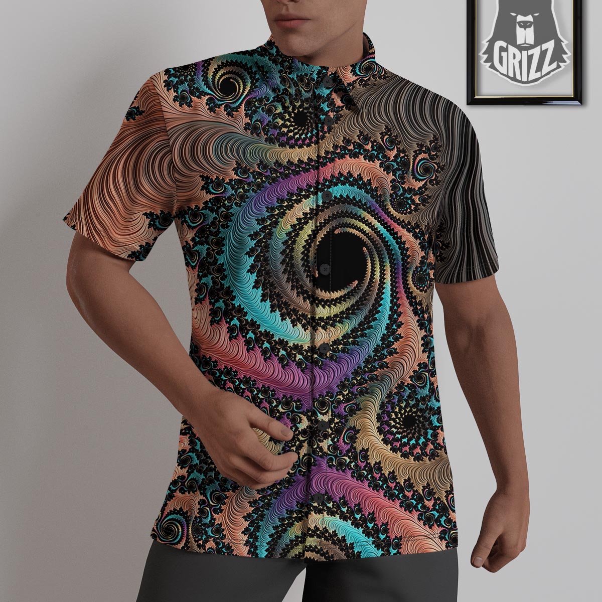 Fractal Trippy Print Untucked Shirts-grizzshop