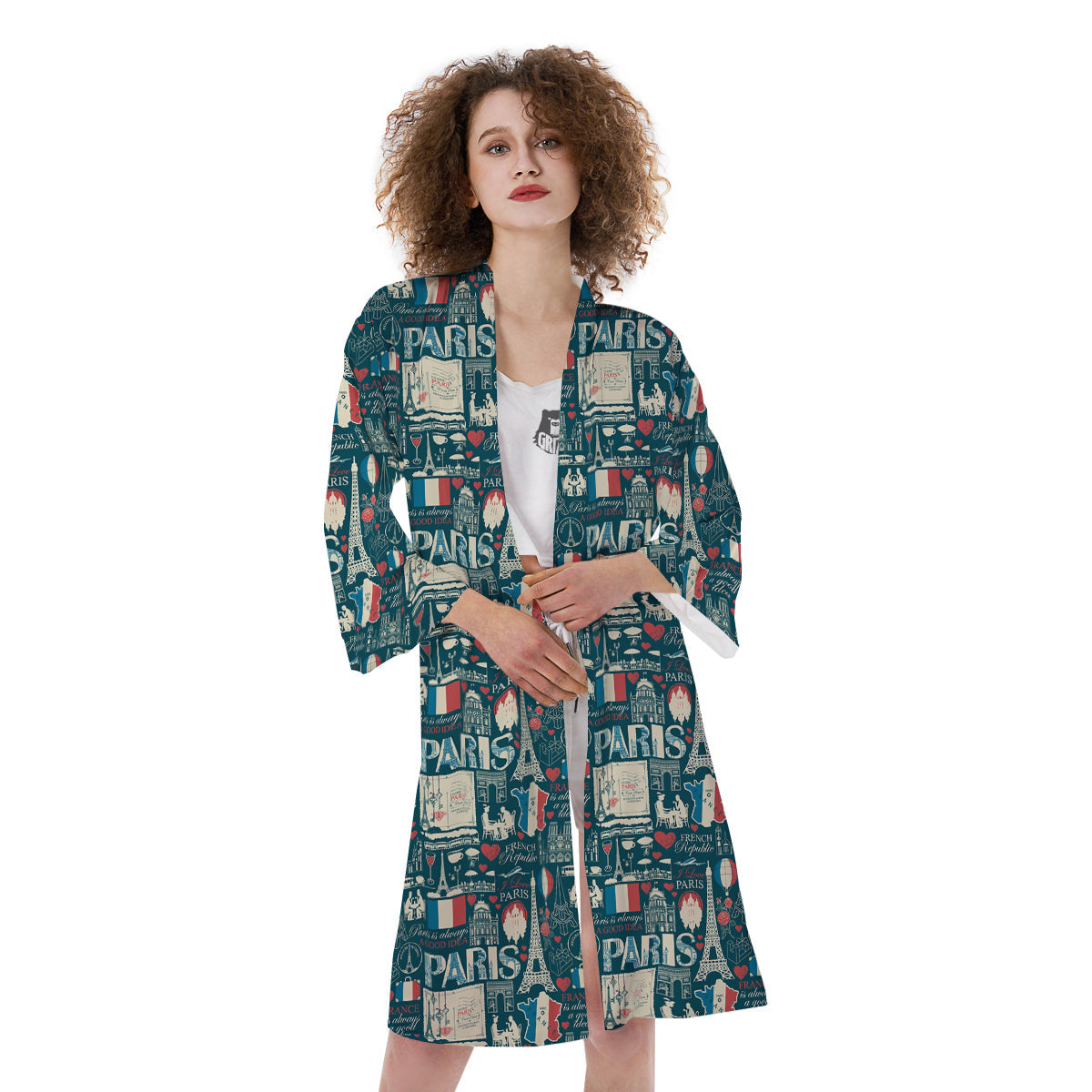 France And Paris Landmarks Vintage Print Pattern Kimono-grizzshop