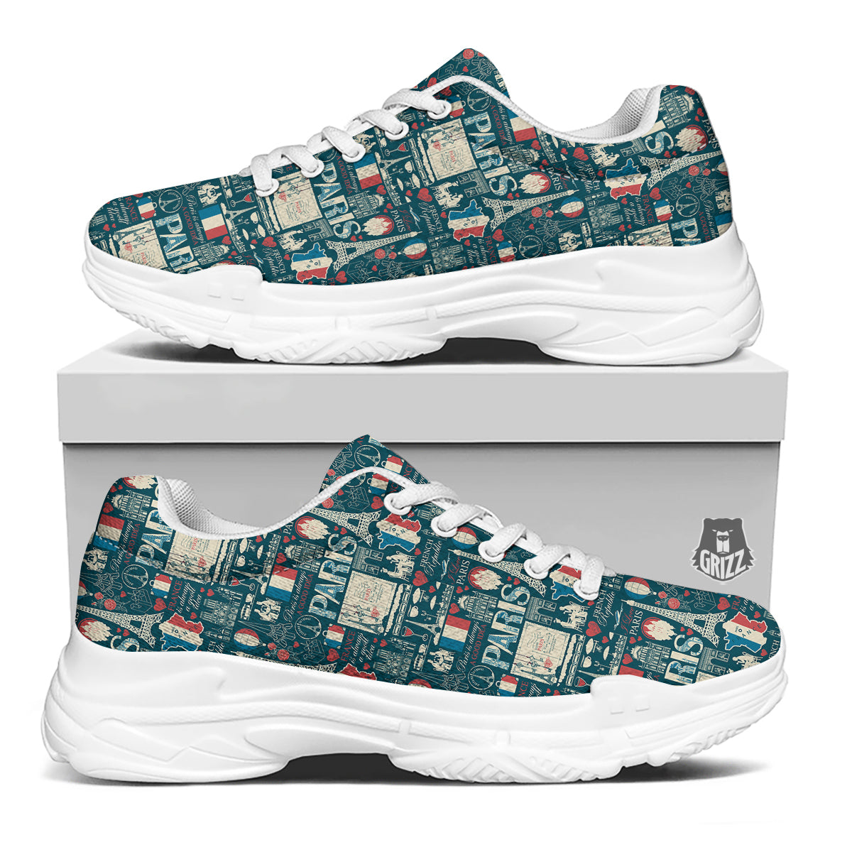 France And Paris Landmarks Vintage Print Pattern White Chunky Shoes-grizzshop