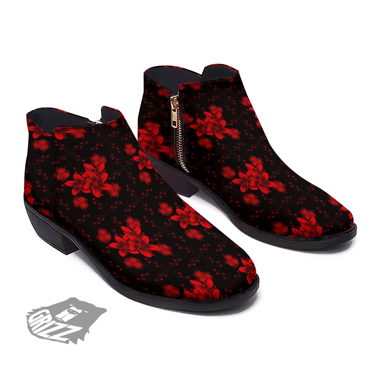 Frangipani Black And Red Print Pattern Ankle Boots-grizzshop