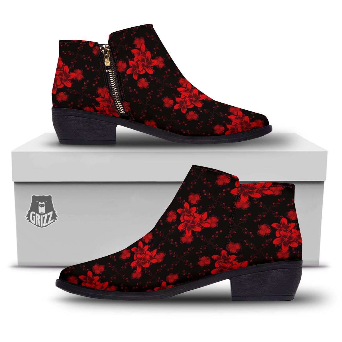 Frangipani Black And Red Print Pattern Ankle Boots-grizzshop
