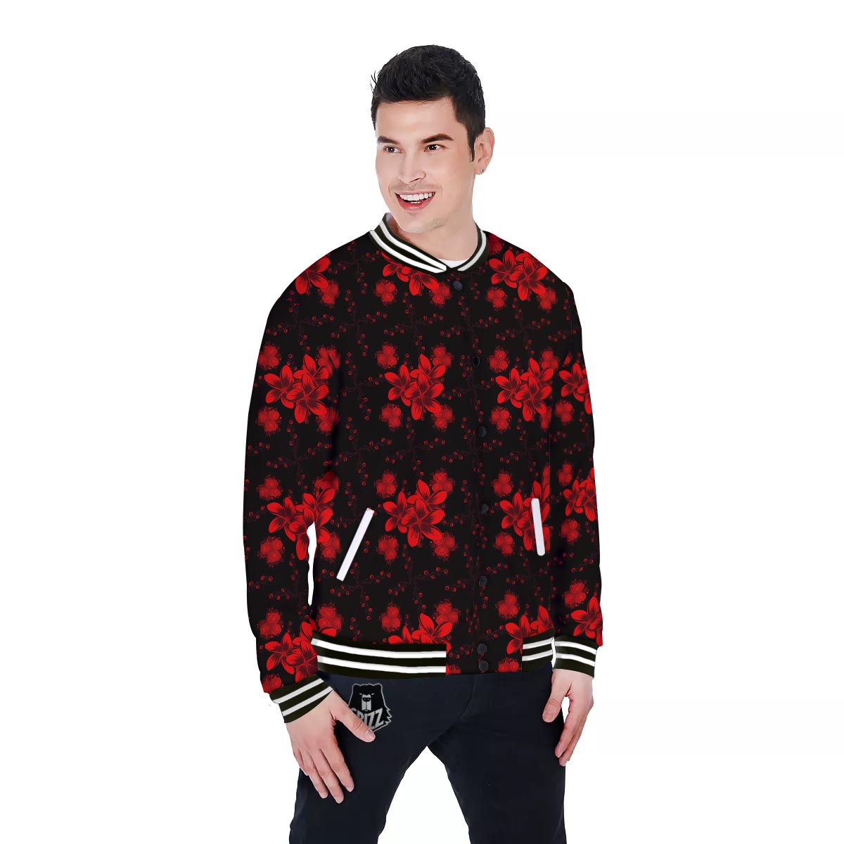 Frangipani Black And Red Print Pattern Baseball Jacket-grizzshop