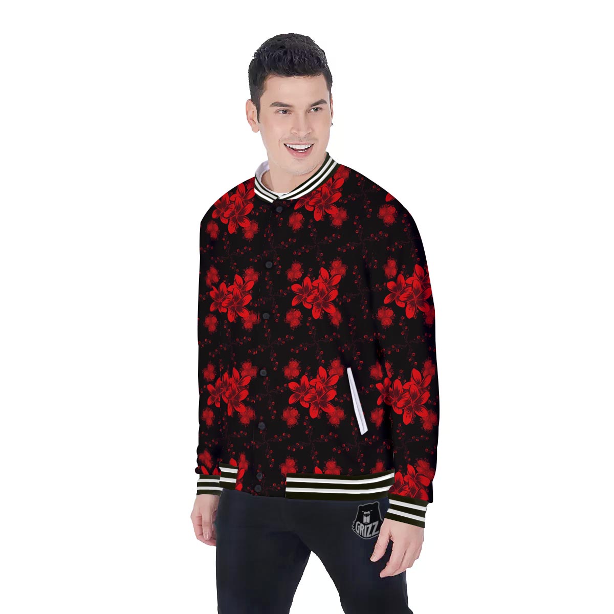 Frangipani Black And Red Print Pattern Baseball Jacket-grizzshop