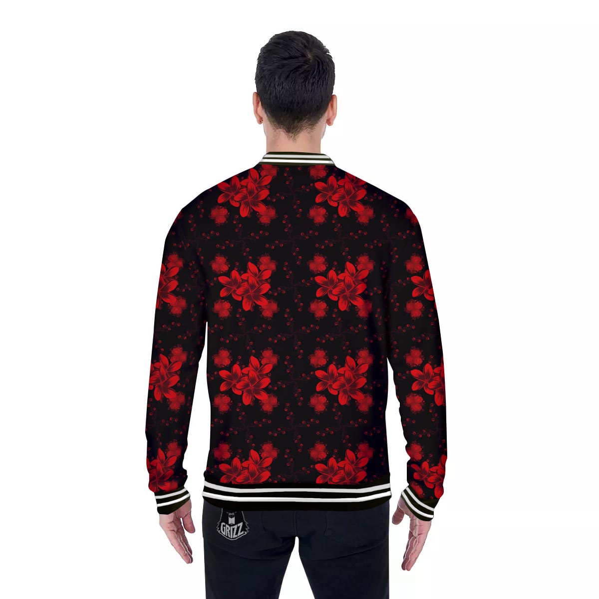 Frangipani Black And Red Print Pattern Baseball Jacket-grizzshop