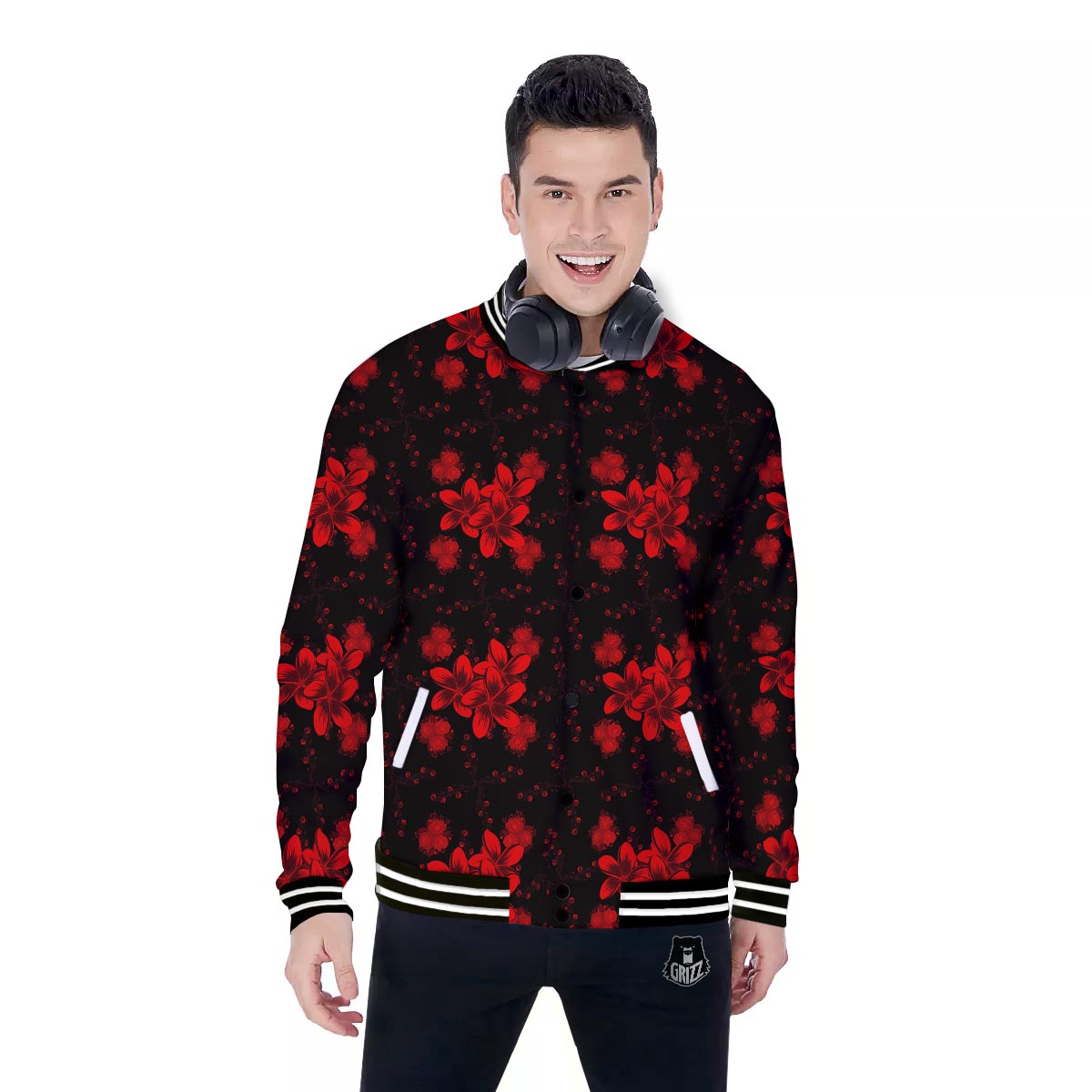 Frangipani Black And Red Print Pattern Baseball Jacket-grizzshop