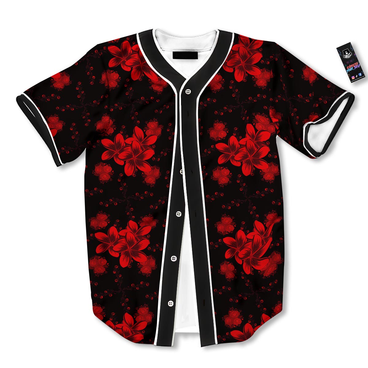Frangipani Black And Red Print Pattern Baseball Jersey-grizzshop