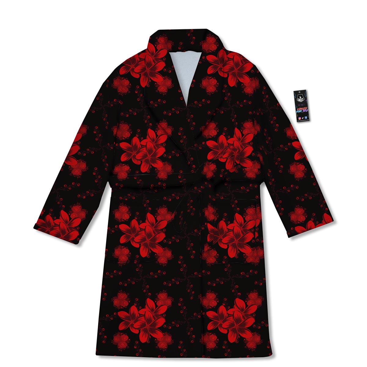 Frangipani Black And Red Print Pattern Bathrobe-grizzshop