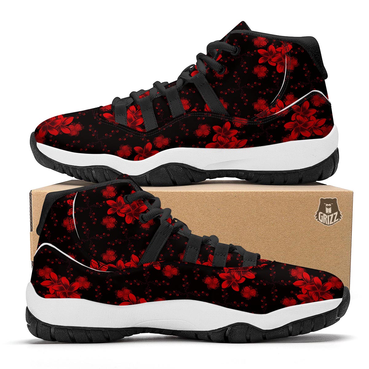Frangipani Black And Red Print Pattern Black Bball Shoes-grizzshop
