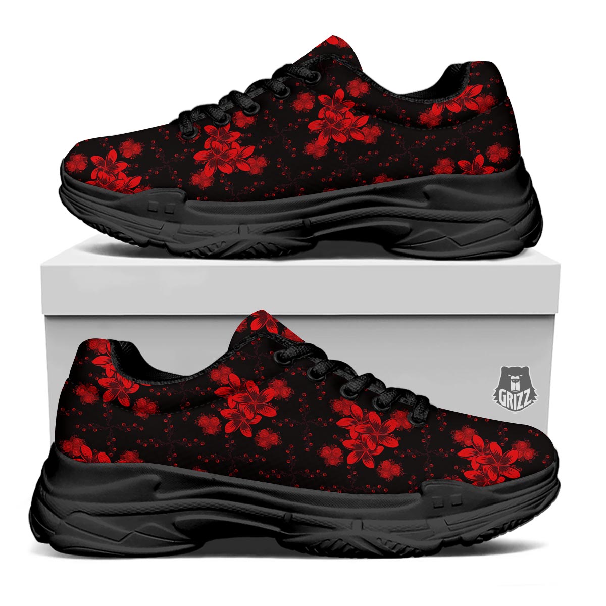 Frangipani Black And Red Print Pattern Black Chunky Shoes-grizzshop