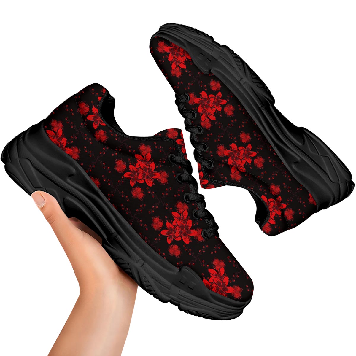 Frangipani Black And Red Print Pattern Black Chunky Shoes-grizzshop