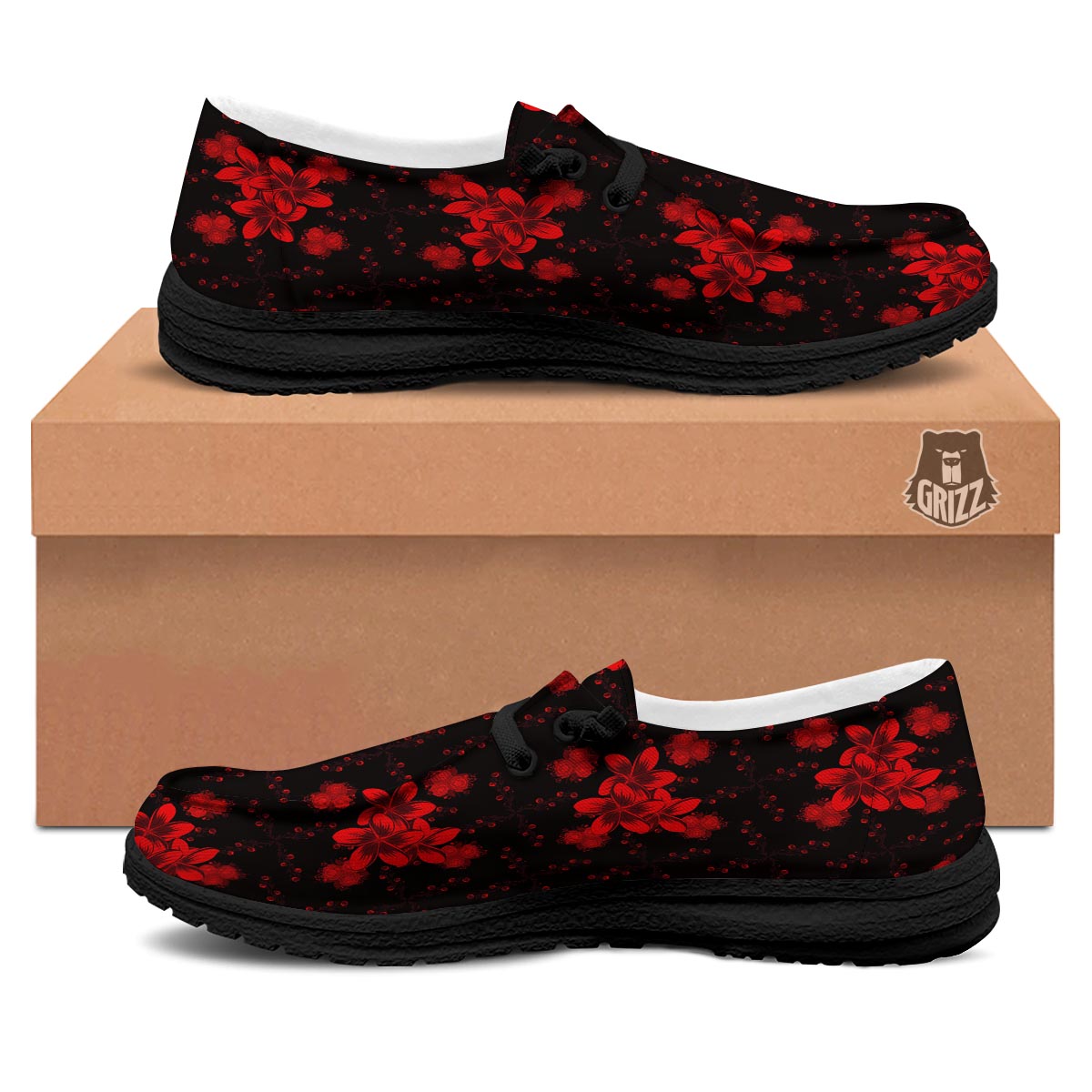 Frangipani Black And Red Print Pattern Black Loafers-grizzshop