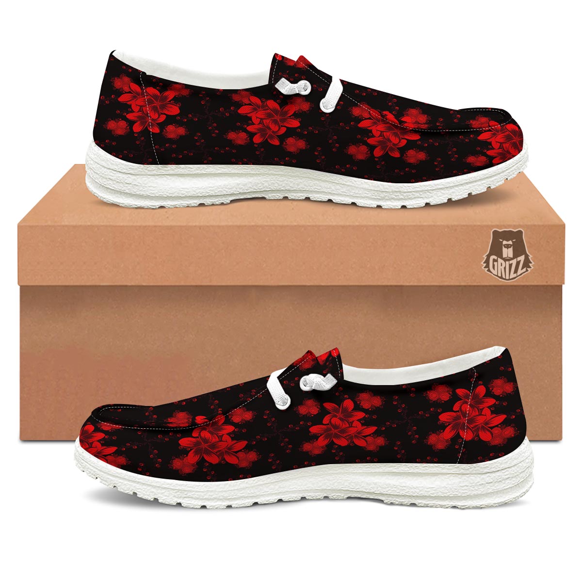 Frangipani Black And Red Print Pattern Black Loafers-grizzshop