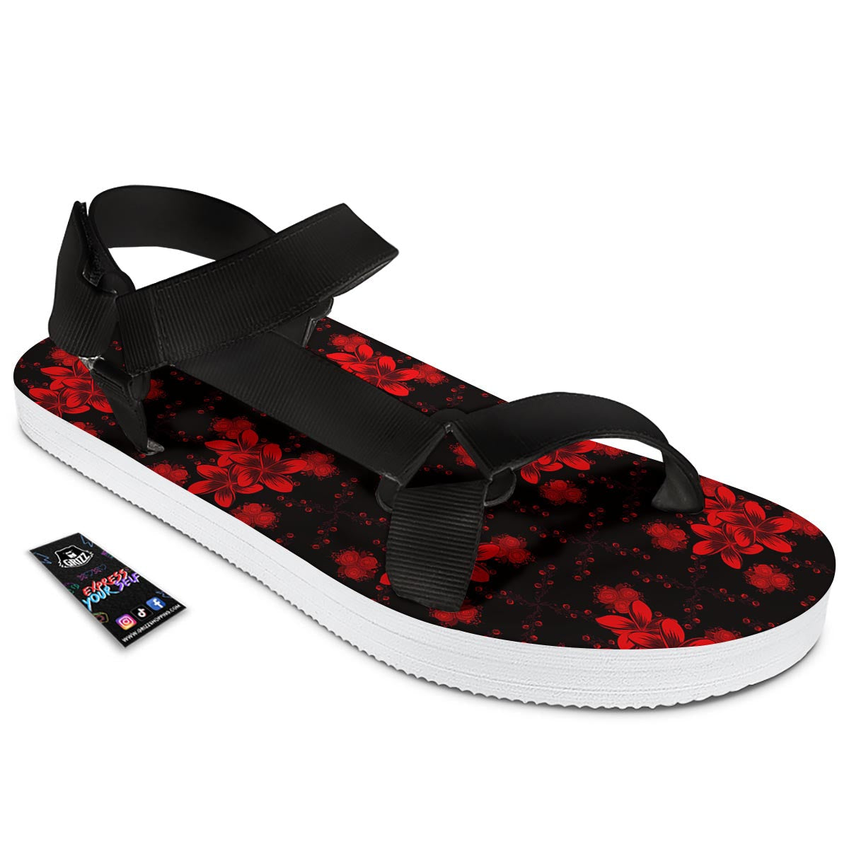 Frangipani Black And Red Print Pattern Black Open Toe Sandals-grizzshop