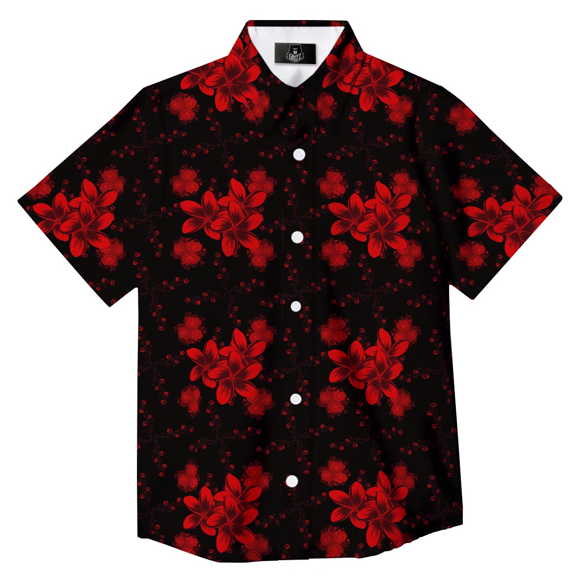 Frangipani Black And Red Print Pattern Button Up Shirt-grizzshop