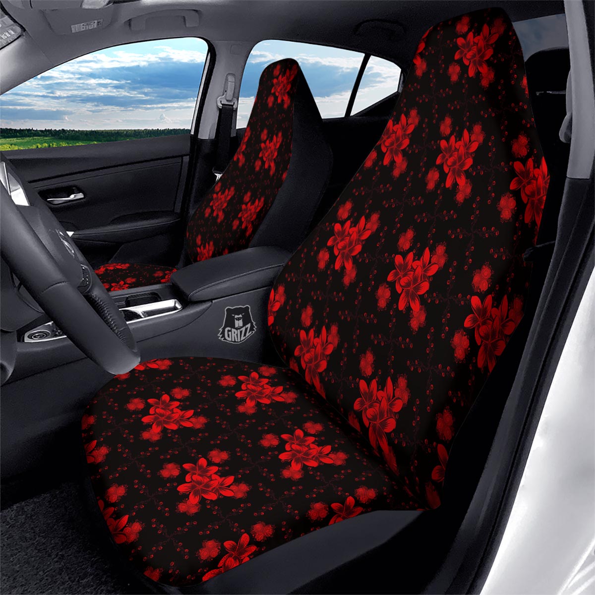 Frangipani Black And Red Print Pattern Car Seat Covers-grizzshop