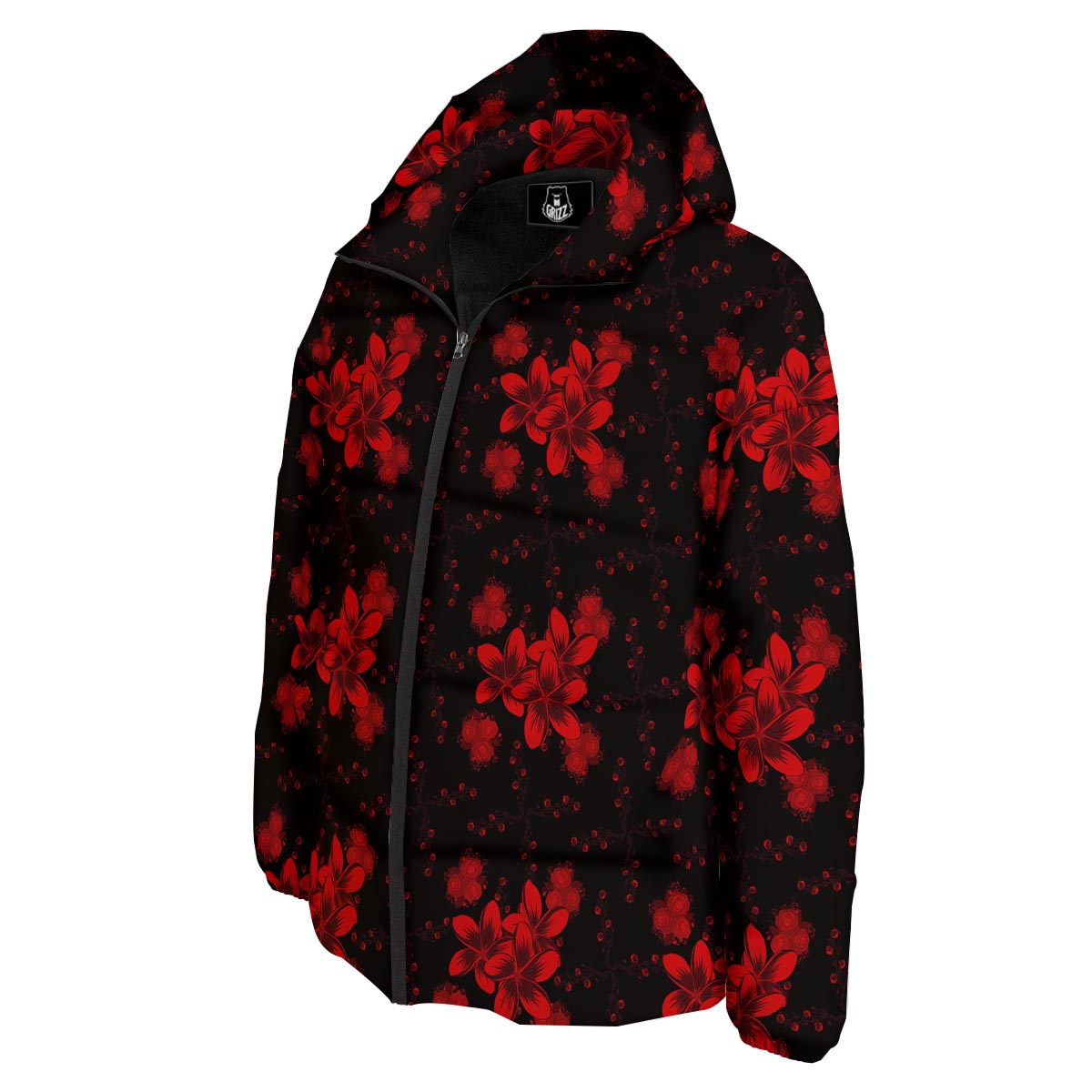 Frangipani Black And Red Print Pattern Down Jacket-grizzshop