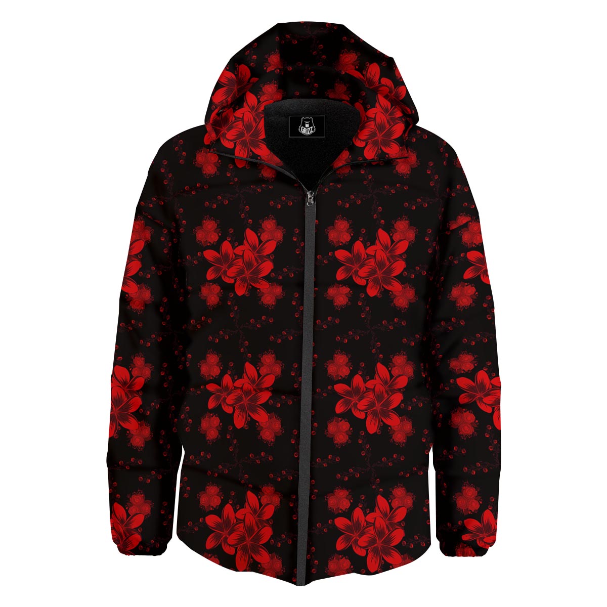 Frangipani Black And Red Print Pattern Down Jacket-grizzshop