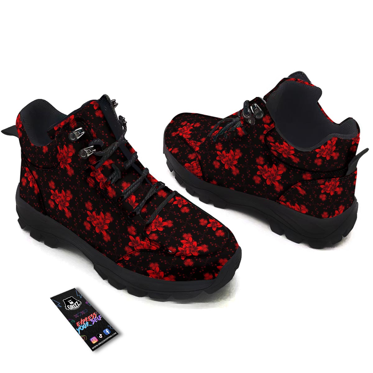 Frangipani Black And Red Print Pattern Hiking Shoes-grizzshop