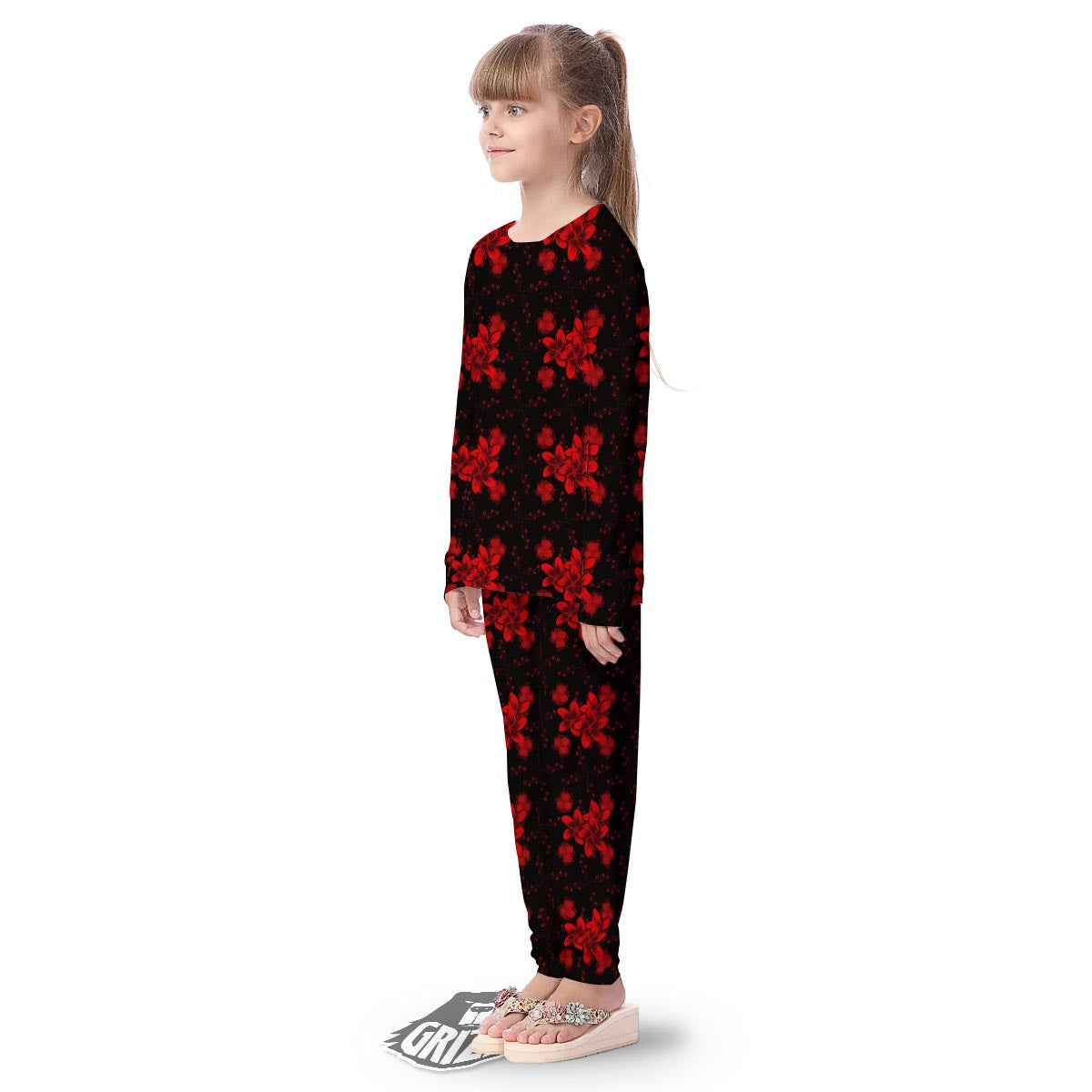 Frangipani Black And Red Print Pattern Kid's Pajamas-grizzshop