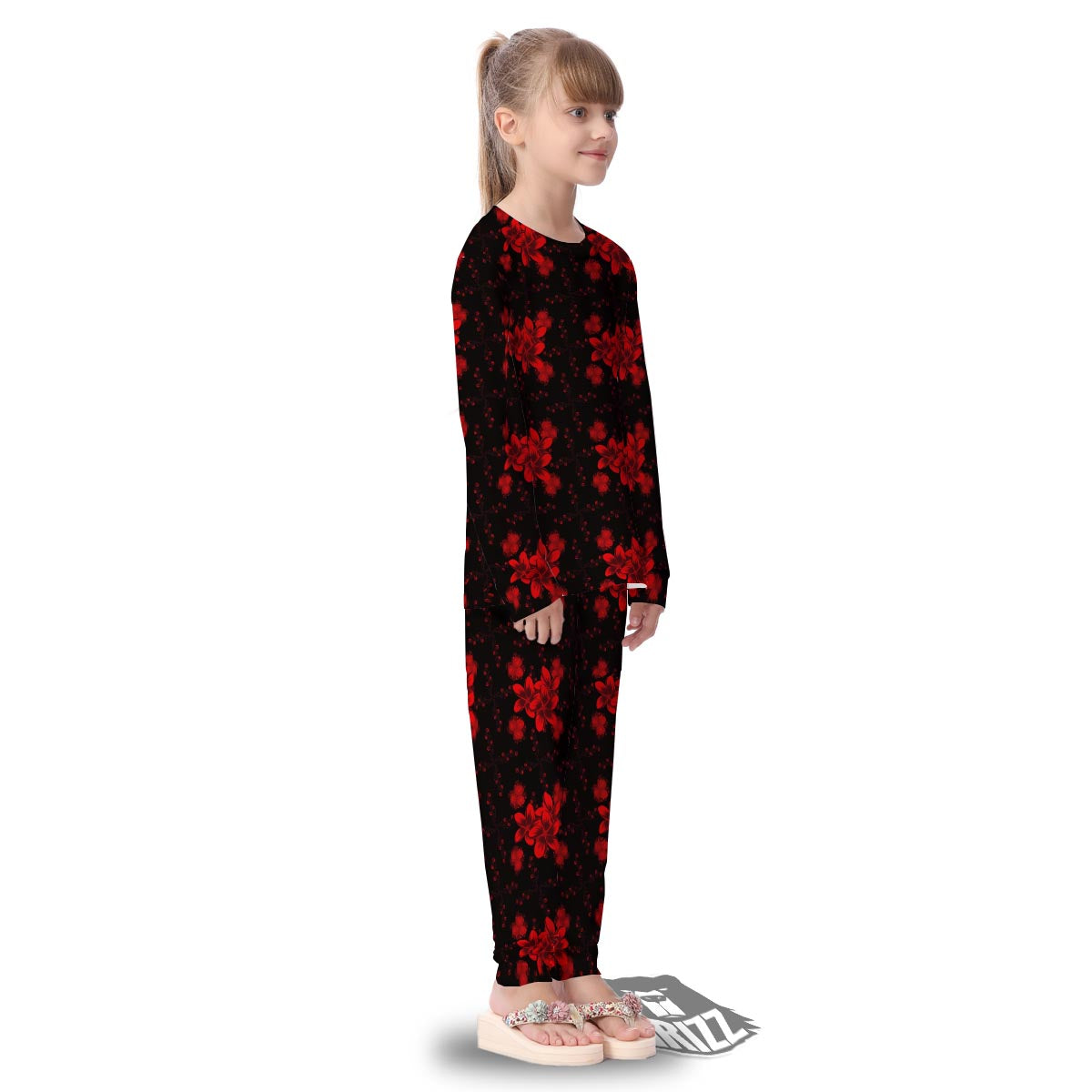 Frangipani Black And Red Print Pattern Kid's Pajamas-grizzshop