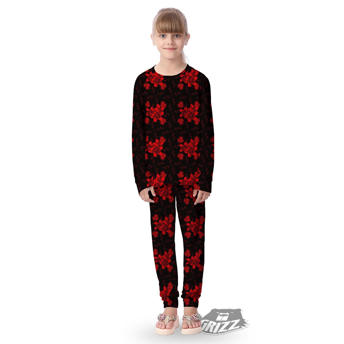 Frangipani Black And Red Print Pattern Kid's Pajamas-grizzshop