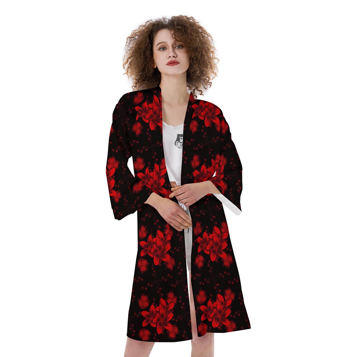 Frangipani Black And Red Print Pattern Kimono-grizzshop