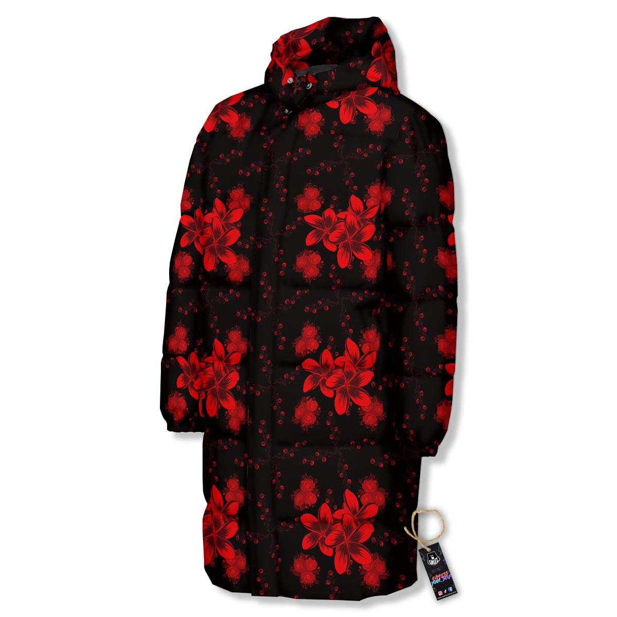 Frangipani Black And Red Print Pattern Long Down Jacket-grizzshop